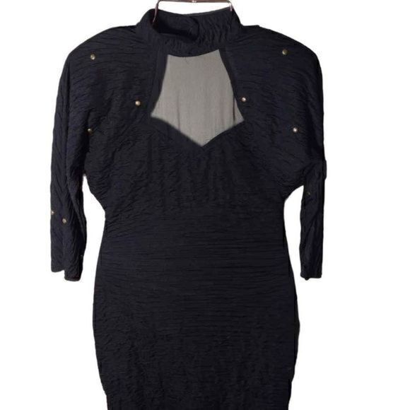 Absolutely! 80s Black Bodycon Mini Dress with Brass Stud Detailing and Choker Ne - Picture 11 of 15